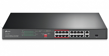 TP-Link TL-SL1218P Коммутатор с 16 портами PoE+ 10/100 Мбит/с, гигабитным портом RJ45 и комбинированным гигабитным портом RJ45/SFP